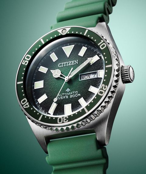 Citizen Promaster automatic diver's watch with green dial and rubber strap | NY0121-09X