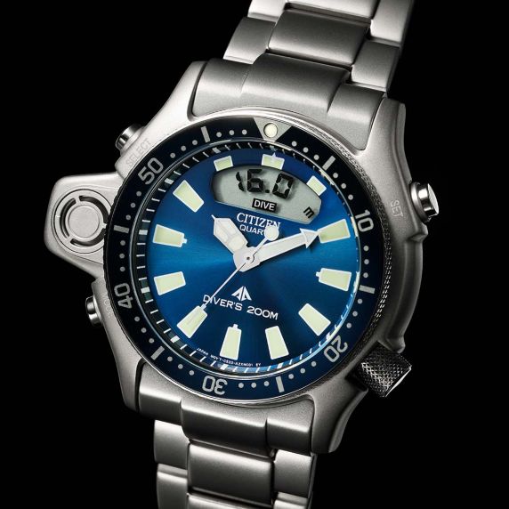 Citizen Promaster Aqualand dive watch in steel | Professional depth gauge with blue dial | JP2000-67L