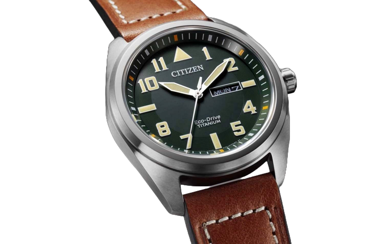 Citizen BM8560-11X watch with green dial and brown leather strap